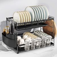 Dish Drying Stand With Drainer Belvery 2 Tiers Large Kitchen Dish Rack with Removable Cutting Board Holder Utensil Holder and Cup Holder Baking Paint Process Coatings Dish Drainer Model C/Black