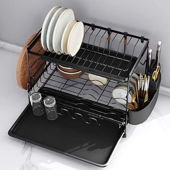 Dish Drying Stand With Drainer Belvery 2 Tiers Large Kitchen Dish Rack with Removable Cutting Board Holder Utensil Holder and Cup Holder Baking Paint Process Coatings Dish Drainer Model C/Black