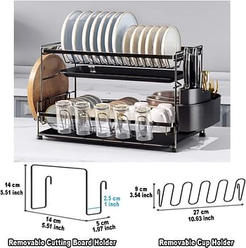 Dish Drying Stand With Drainer Belvery 2 Tiers Large Kitchen Dish Rack with Removable Cutting Board Holder Utensil Holder and Cup Holder Baking Paint Process Coatings Dish Drainer Model C/Black