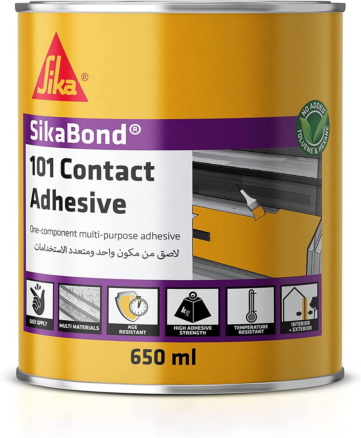 Sikabond 101 Contact Adhesive, Easy To Apply Multi-Purpose Polychloroprene Rubber-Based Adhesive. Suitable For Bonding Porous Substrates Like Wood, Foam, Carpets, And Canvas. 650ml Can