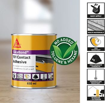 Sikabond 101 Contact Adhesive, Easy To Apply Multi-Purpose Polychloroprene Rubber-Based Adhesive. Suitable For Bonding Porous Substrates Like Wood, Foam, Carpets, And Canvas. 650ml Can