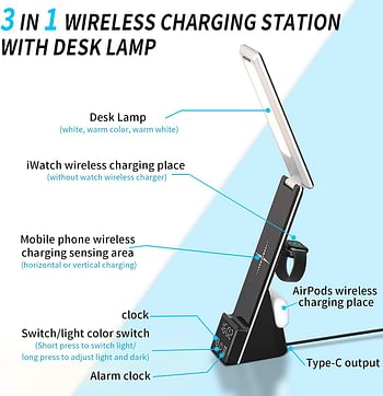 INFOSUN Desk Lamp 3 in 1 Wireless Charger Table Lamp LED Eye-Caring Reading Office Led Light, 3 Color Modes and Touch Control Adjustment, with Alarm Clock Function, iPhone 15W Charging- Black