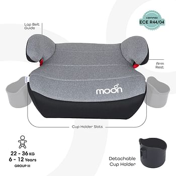 MOON Kido Baby Booster Car Seat with ISOFIX.Cup Holder.Group 3 (15-36 kg).Extra large seat.Soft fabric.Equipped with Armrests,Backless Belt-Positioning Car Booster Seat,Universally Fit -Grey