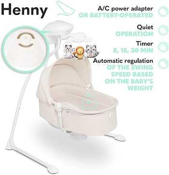 Lionelo Henny White Swinging Chair For weight Range - 0Kg To 9Kg with 3-Level Backrest Adjustment, 5 Swinging Speeds