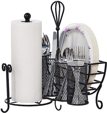 Gourmet Basics by Mikasa Avilla Picnic Plate Napkin and Flatware Storage Caddy with Paper Towel Holder Complete Service Antique Black