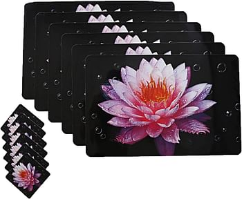 Kuber Industries Lotus Design PVC 6 Piece Dining Table Placemat Set with Tea Coasters - Multicolour