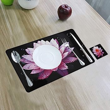 Kuber Industries Lotus Design PVC 6 Piece Dining Table Placemat Set with Tea Coasters - Multicolour