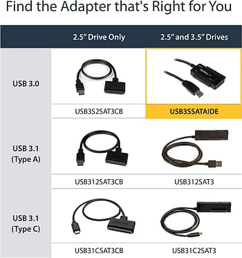 Startech.Com Usb 3.0 To Sata Ide Adapter - 2.5In / 3.5In - External Hard Drive To Usb Converter – Hard Drive Transfer Cable (Usb3Ssataide),Black