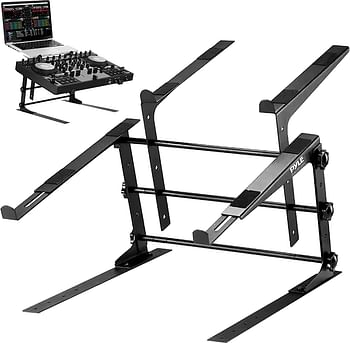 Pyle Portable Dual Laptop Stand - Standing Table with Adjustable Height, Ergonomic Design & Anti-Slip Prongs for DJ Mixer, Sound Equipment, Workstation, Gaming & Home Use - PLPTS38, Black