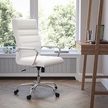 Flash Furniture Whitney High Back Desk Chair - White LeatherSoft Executive Swivel Office Chair with Chrome Frame - Swivel Arm Chair