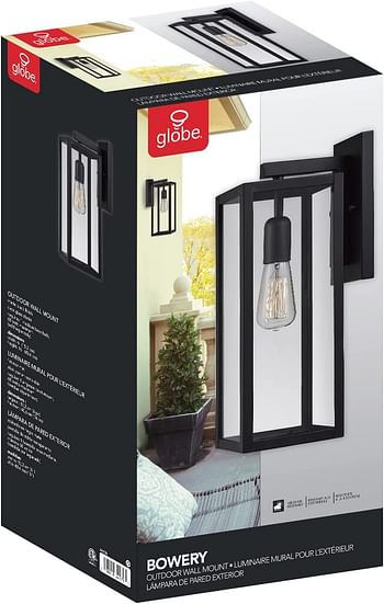 Globe Electric 44176 Bowery 16" Outdoor Wall Sconce, Matte Black Light Fixture, Clear Glass Shades, Weather Resistant Technology, Front Porch Light, Outdoor Sconce Lights, Outdoor Lights For House