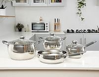 Royalford RF5123 Cookware Set of 7, Highly Durable Design, Tempered Glass Lid, PFOA Free, Silver, Stainless Steel