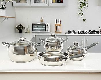 Royalford RF5123 Cookware Set of 7, Highly Durable Design, Tempered Glass Lid, PFOA Free, Silver, Stainless Steel