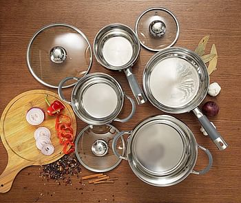 Royalford RF5123 Cookware Set of 7, Highly Durable Design, Tempered Glass Lid, PFOA Free, Silver, Stainless Steel