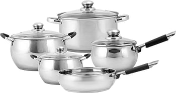 Royalford RF5123 Cookware Set of 7, Highly Durable Design, Tempered Glass Lid, PFOA Free, Silver, Stainless Steel