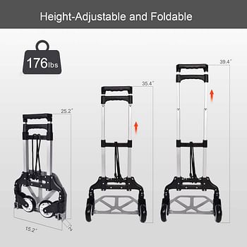 Folding Hand Truck 180 Lb Capacity Heavy-Duty Luggage Trolley Cart With Telescoping Handle and Rubber Wheels, Black,