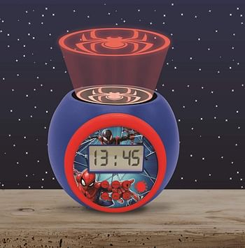 Lexibook Projector Alarm Clock Spiderman Marvel with snooze function and alarm function, Night light with timer , LCD screen, battery operated, Blue / Red, RL977SP