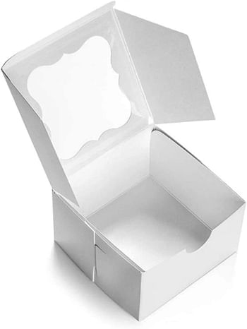سلفار 4 صندوق مخبوزات من الورق المقوى الابيض والبني مع نافذة شفافة، (4×4×2.5 انش) مربع صغير من ورق الكرافت هدية للفطائر والبسكويت والكعك مع تخزين طبيعي للاستعمال مرة واحدة