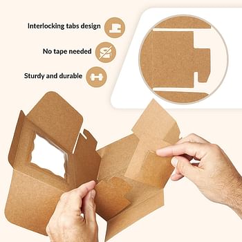 Sylvar 4 White/Brown Cardboard Bakery Boxes with Clear Window, (4" x 4" x 2.5") Small Square Kraft Paper Gift for Pies, Biscuits, Cakes with Disposable Natural Storage