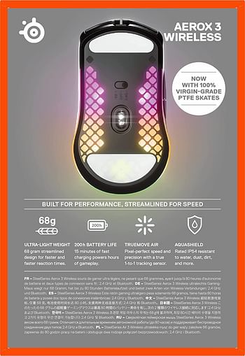 Steelseries Aerox 3 Wireless Onyx (2022) - Super Light Gaming MoUSe - 68G Water Resistant Design - 200 Hour Battery Life Style: Wireless  Color: Onyx Black  Pattern Name:Aerox 3 18000 DPI