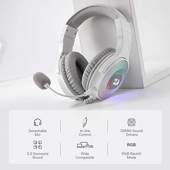 Redragon Pandora white, Virtual 7.1 RGB Gaming headset w/adapter