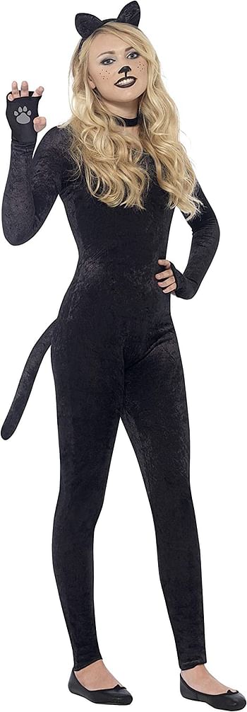 Smiffys Teen's Cat Costume, Bodysuit, Tail, Ears and Collar, Size: XS, Colour: Black, 44320