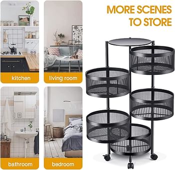 LIYING Multi-Layer Kitchen Storage Shelf, Round Steel Rotating with 4 Movable Wheels, Kitchen Storage for Fruit and Vegetable Floor-Standing(5F Black)