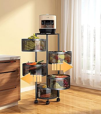 LIYING Multi-Layer Kitchen Storage Shelf, Round Steel Rotating with 4 Movable Wheels, Kitchen Storage for Fruit and Vegetable Floor-Standing(5F Black)