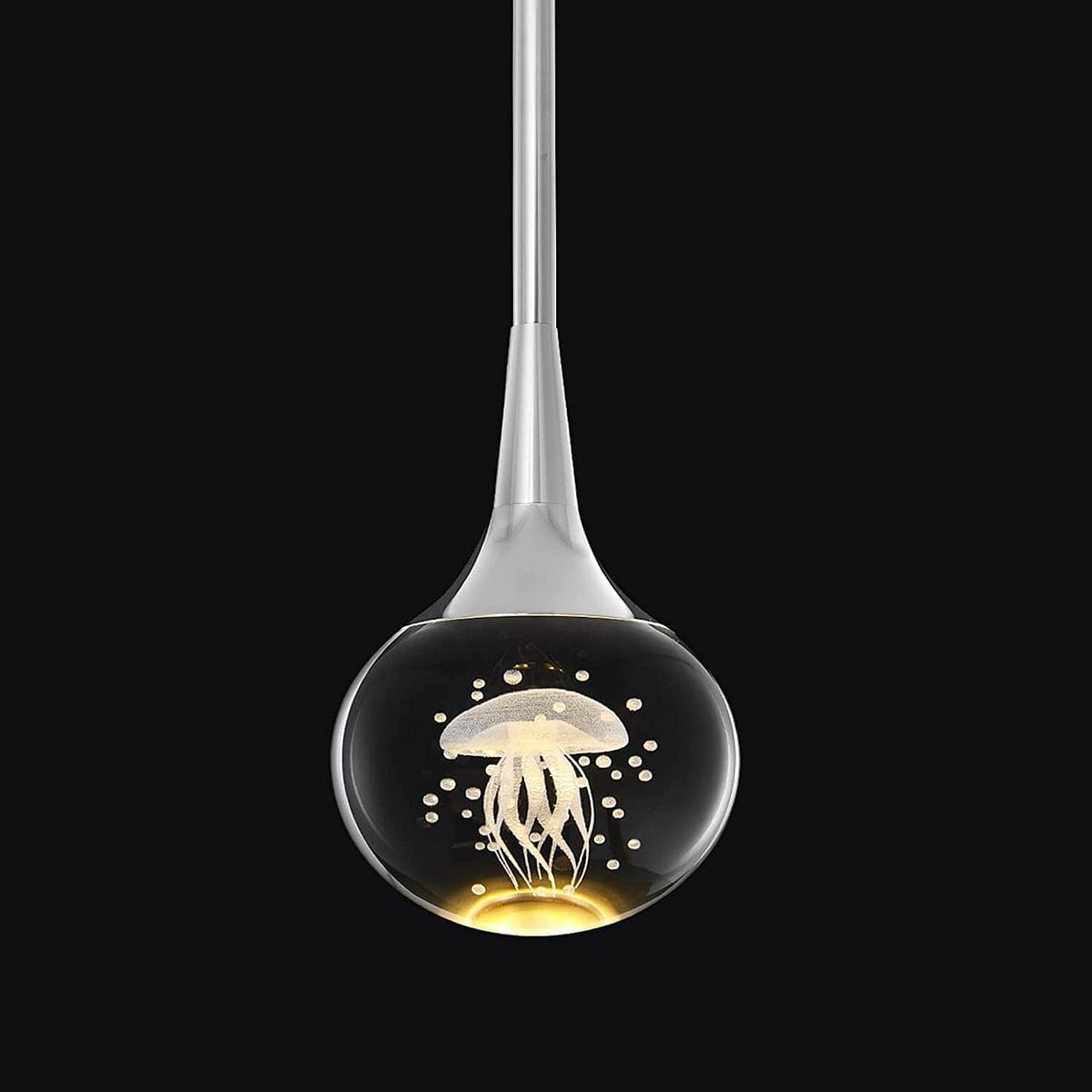 Garwarm Mini Pendant Light, 5W Globe Metal Rod Pendant Lighting, Teardrop Crystal Pendant Light with Jellyfish, 1-Light Dimmable LED Hanging Light Fixture, Kitchen Bar Bedroom Lights, 3200k/Chrome