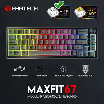 FANTECH MAXFIT67 3-Mode Custom Mechanical Gaming Keyboard RGB Backlit, 65% (67-Key) Hot Swappable Bluetooth/2.4G Wireless/Type-C Wired South Facing Mechanical Keyboard, Kailh White Switch, Black