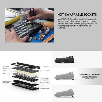 FANTECH MAXFIT67 3-Mode Custom Mechanical Gaming Keyboard RGB Backlit, 65% (67-Key) Hot Swappable Bluetooth/2.4G Wireless/Type-C Wired South Facing Mechanical Keyboard, Kailh White Switch, Black