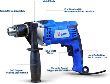 Vtools 1050 Watt Impact Drill With Multi-Function ( Hammer And Drill ), Metal Body, 360 degree Rotating Side Handle, Guide Ruler, And Variable Speed, Blue, Vt1207