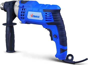 Vtools 1050 Watt Impact Drill With Multi-Function ( Hammer And Drill ), Metal Body, 360 degree Rotating Side Handle, Guide Ruler, And Variable Speed, Blue, Vt1207