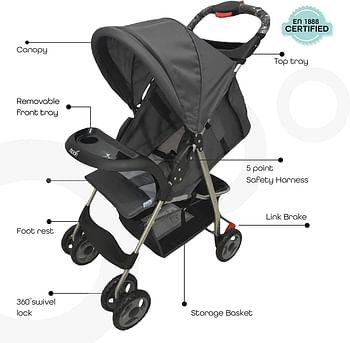 MOON One Hand Fold Travel Stroller/Pram Suitable for Newborn/Infant/Baby/Kids with Dual Tray| Leg Rest | Multi-Postion Reclining Seat Suitable For 0 Months+ (Upto 24 Kg) - Grey