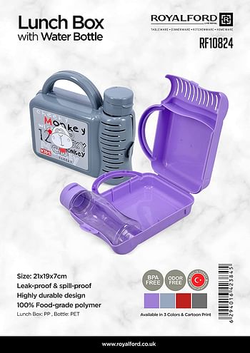 Royalford Lunch Box with Water Bottle for Kids- RF10824 Plastic Lunch Box Perfect for Schools with Durable and Leak-Proof Construction 100% Food-Grade, Non-Toxic Compact and Portable Design Purple