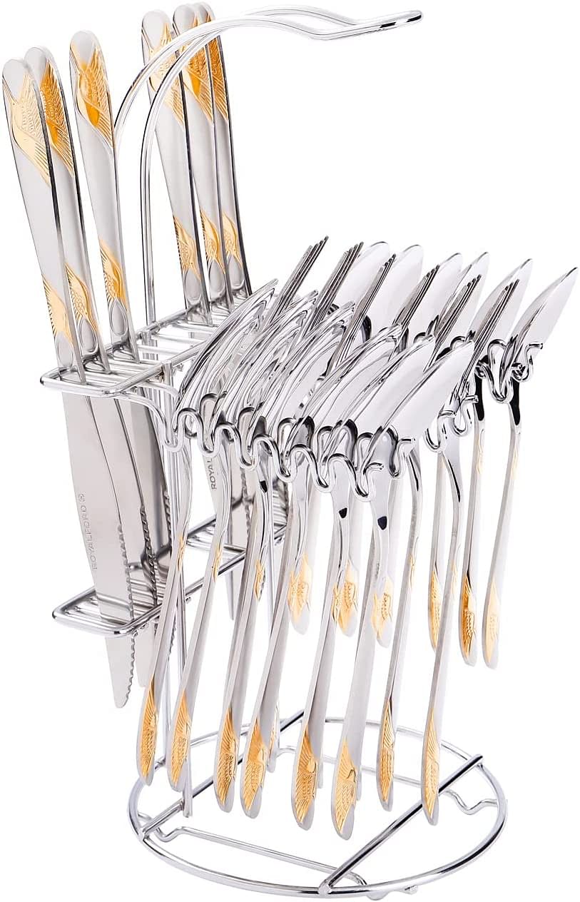 RoyalFord 25 Piece Stainless Steel Cutlery Set with Display Stand RF10315, Gold Plated