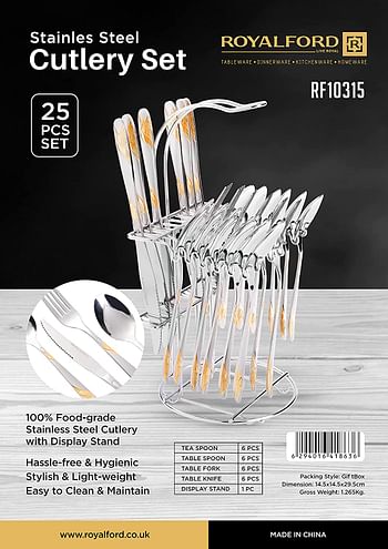 RoyalFord 25 Piece Stainless Steel Cutlery Set with Display Stand RF10315, Gold Plated