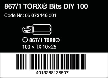 Wera 05072446001 TX10 x 25 mm 867/1 DIY Bit for Socket Screws - Silver (100-Piece) T10