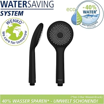 WENKO, Water Saving Hand-Held Shower Head, ABS, Universal Connection and Fit, Sleek Modern Design, Eco-Friendly & Relaxing Spray, 9.5x9.5cm, Black