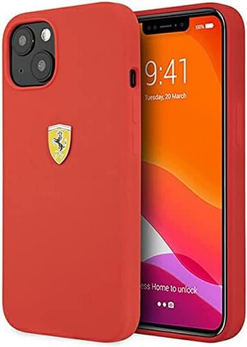 Ferrari Liquid Silicone Case Metal Logo For iPhone 13 Mini (5.4") - Red