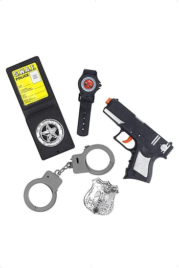 Smiffy Police Set With Gun Handcuff Badge And Watch, black, Police Set, Black with Gun, Handcuffs, Badges & Watch, 23842