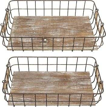 Stonebriar Stackable 2pc Rectangle Metal Wire and Wood Basket Set with Rope Wrapped Handles, Rustic Decor for Home Storage, Decorative Serving Baskets for Weddings, Birthdays, and Holiday Parties