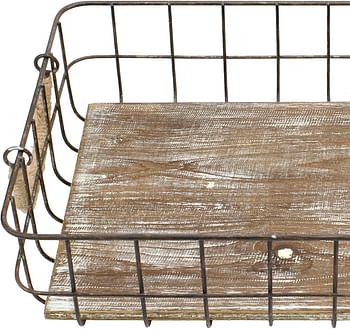 Stonebriar Stackable 2pc Rectangle Metal Wire and Wood Basket Set with Rope Wrapped Handles, Rustic Decor for Home Storage, Decorative Serving Baskets for Weddings, Birthdays, and Holiday Parties