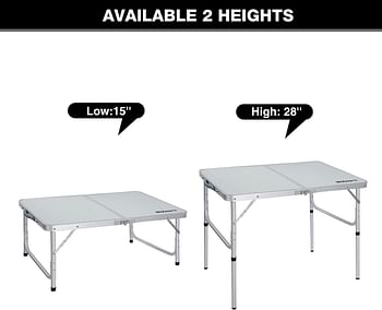 طاولات النزهات القابلة للطي بطول 91.4 سم مع مجموعة من 2 كراسين، طاولة تخييم خفيفة الوزن محمولة في الهواء الطلق مع ارتفاعات قابلة للتعديل، لون أبيض