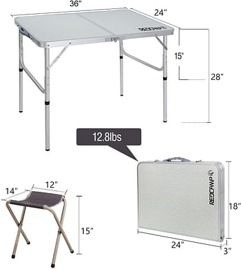 طاولات النزهات القابلة للطي بطول 91.4 سم مع مجموعة من 2 كراسين، طاولة تخييم خفيفة الوزن محمولة في الهواء الطلق مع ارتفاعات قابلة للتعديل، لون أبيض