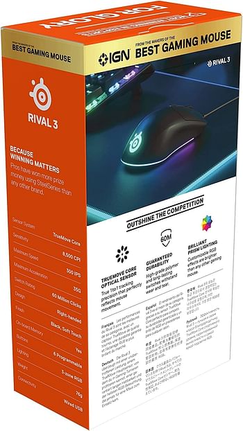 Steelseries Rival 3 - Gaming Mouse - 8,500 Cpi Truemove Core Optical Sensor - 6 ProgRAMmable Buttons - Split Trigger Buttons - Black : Wired RIVAL 3 BLACK