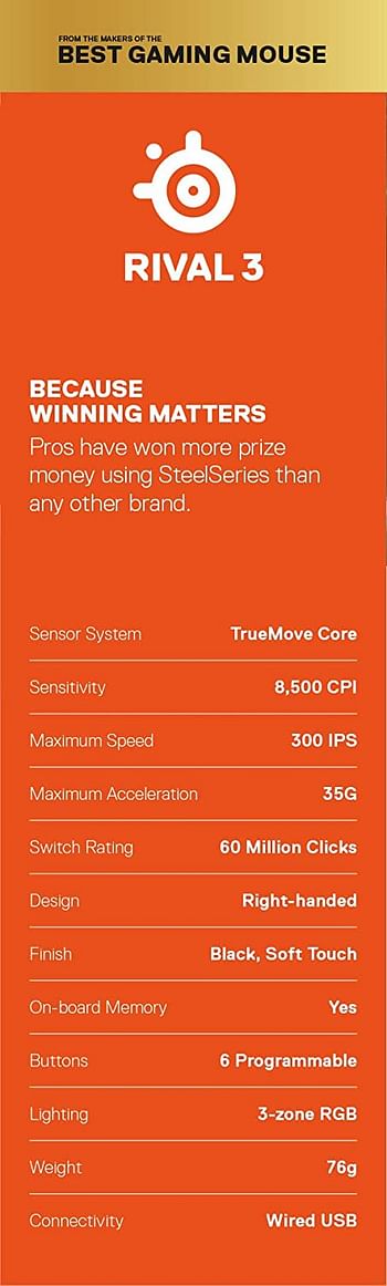 Steelseries Rival 3 - Gaming Mouse - 8,500 Cpi Truemove Core Optical Sensor - 6 ProgRAMmable Buttons - Split Trigger Buttons - Black : Wired RIVAL 3 BLACK
