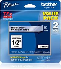 Brother Genuine P-touch TZE-1312PK Tape, 1/2" (0.47") Standard Laminated P-touch Tape, Black on Clear, Perfect for Indoor or Outdoor Use, Water Resistant, 26.2 Feet (8M) each, Two-Pack