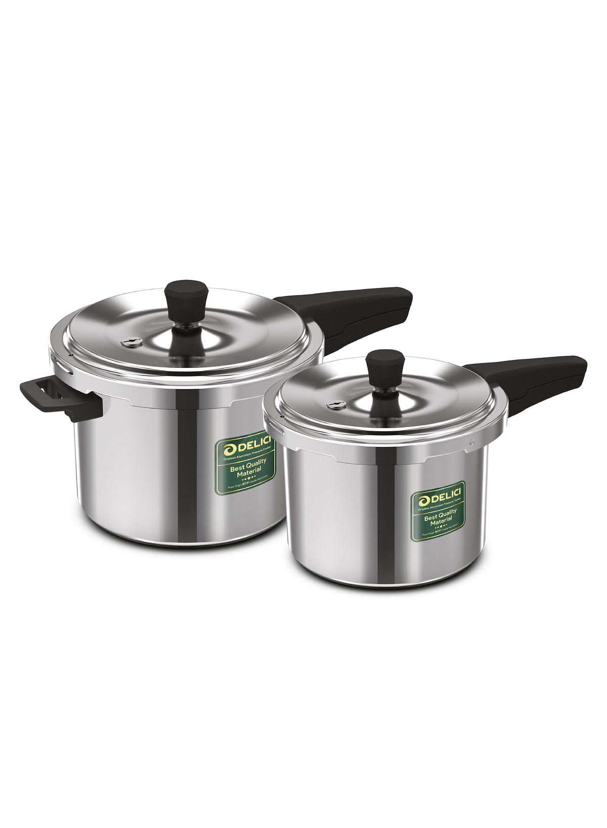 DELICI Aluminum Pressure Cooker Combo 5Ltr + 3Ltr Dripless Design With Superior 8011 Grade Virgin Aluminum, Smart Spillage Control, Heat-Proof Bakelite Handles And Lead-Free Safety Valve