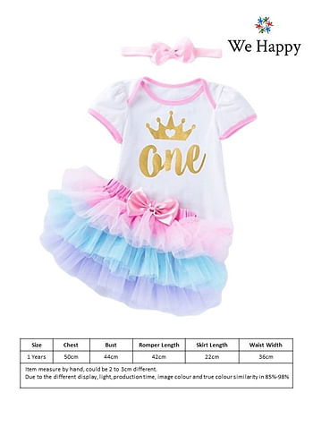 4 Pieces 1st Birthday Baby Girl Costume Set Newborn Princess ONE Printed with Crown Dress for Theme Party Photoshoot, Unicorn Bodysuit with Tutu Skirt Cake Topper and Floral Headband - White Pink Blue